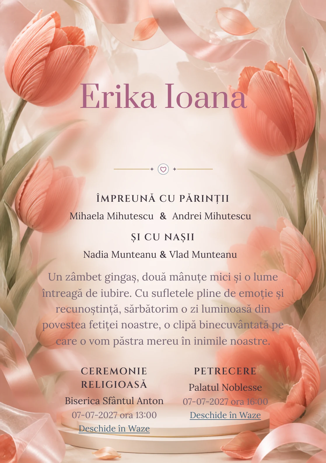 Compoziția Lalele Plisate, pentru o invitație de botez, pune accent pe lalele mari construite din pliuri textile și include panglici, petale satinate și umbre de podium.