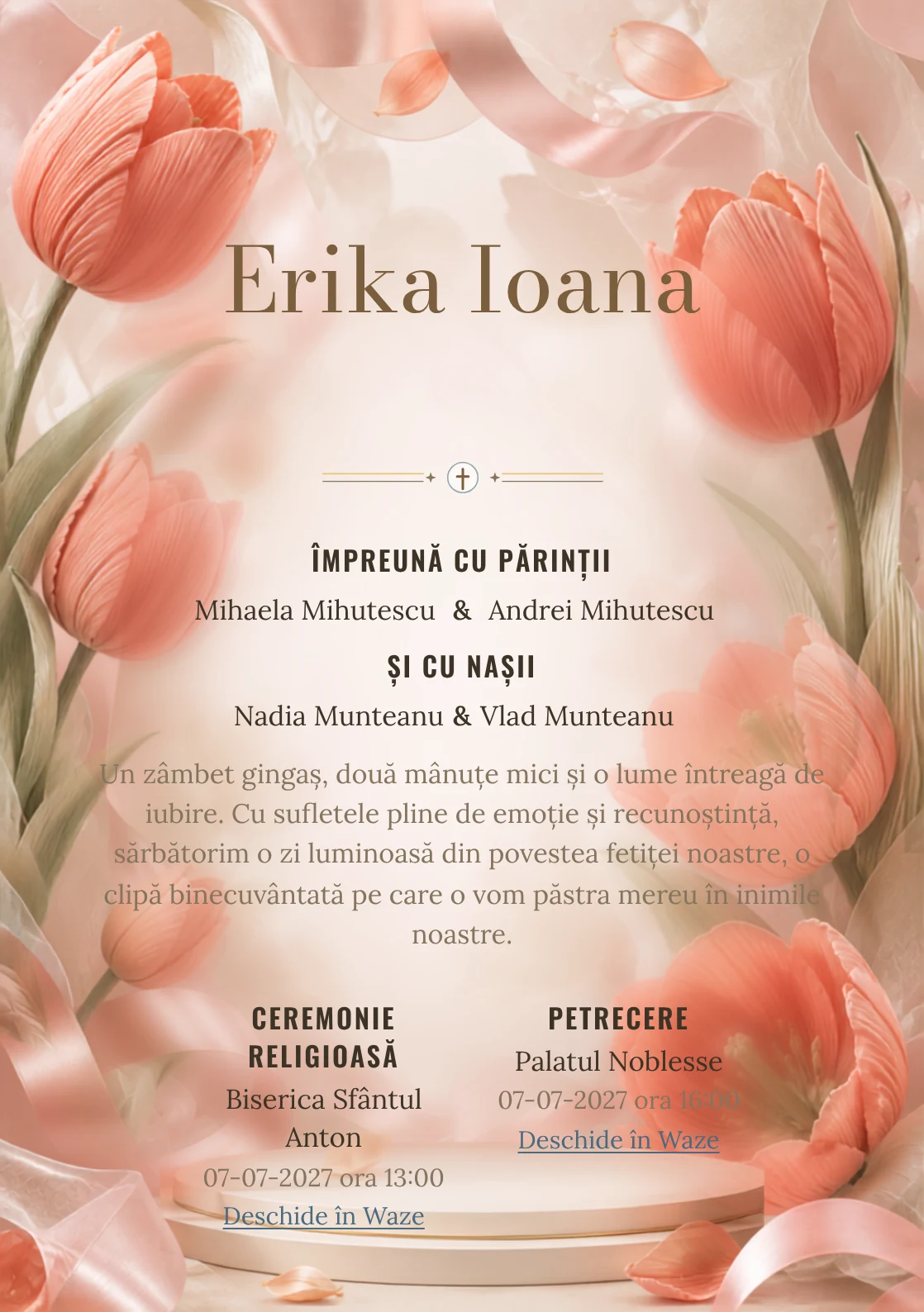 Compoziția Lalele Plisate, pentru o invitație de botez, pune accent pe lalele mari construite din pliuri textile și include panglici, petale satinate și umbre de podium.