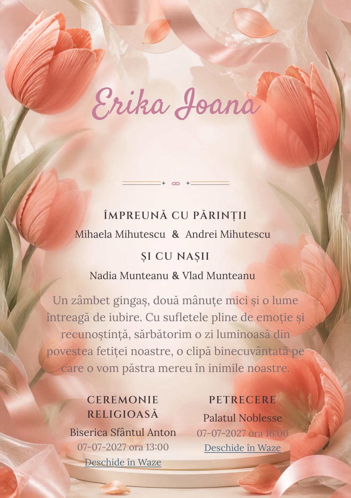 Compoziția Lalele Plisate, pentru o invitație de botez, pune accent pe lalele mari construite din pliuri textile și include panglici, petale satinate și umbre de podium.