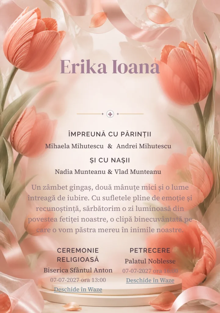 Compoziția Lalele Plisate, pentru o invitație de botez, pune accent pe lalele mari construite din pliuri textile și include panglici, petale satinate și umbre de podium.