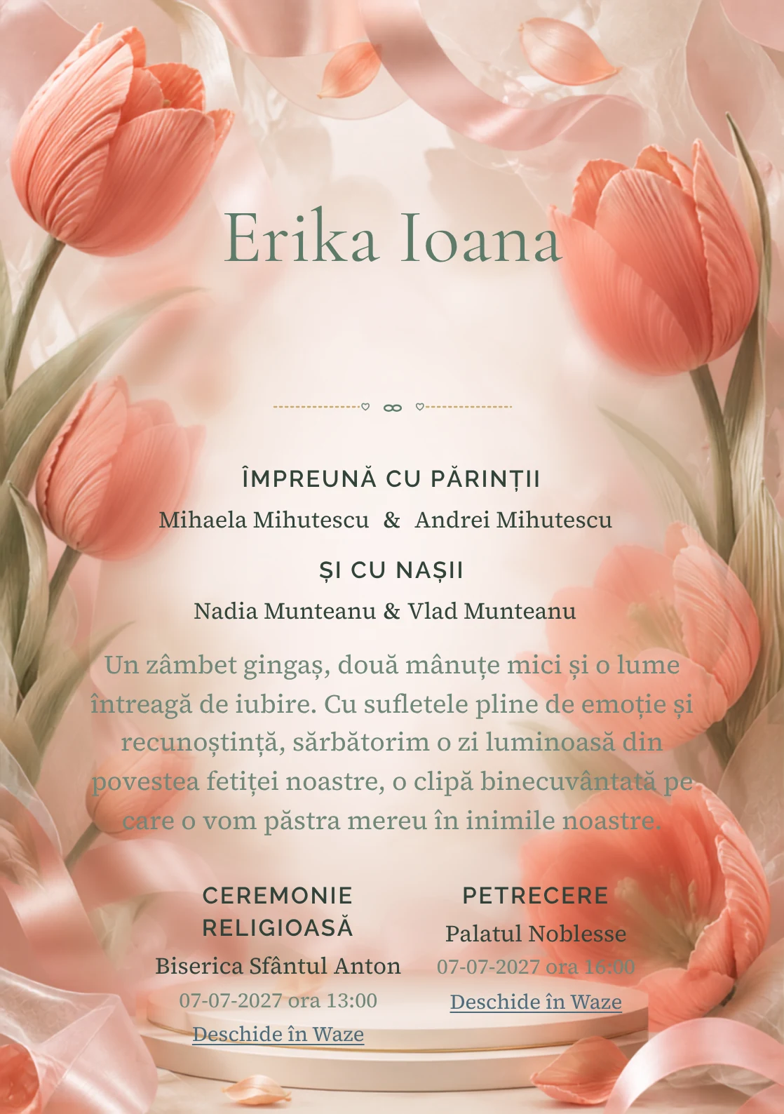 Compoziția Lalele Plisate, pentru o invitație de botez, pune accent pe lalele mari construite din pliuri textile și include panglici, petale satinate și umbre de podium.