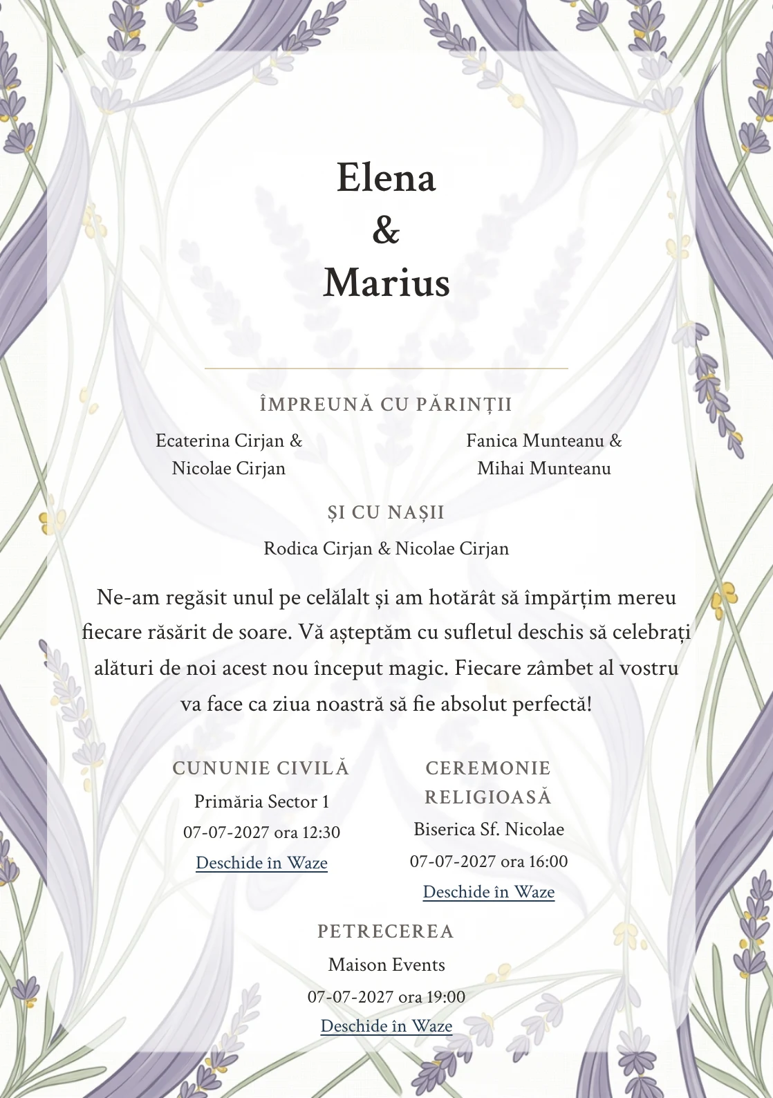 Designul Lavandă în Linii, în colecția de invitații nuntă, combină benzi grafice de lavandă cu o cromatică de mov lavandă cenușiu, verde tulpină pal și alb in.