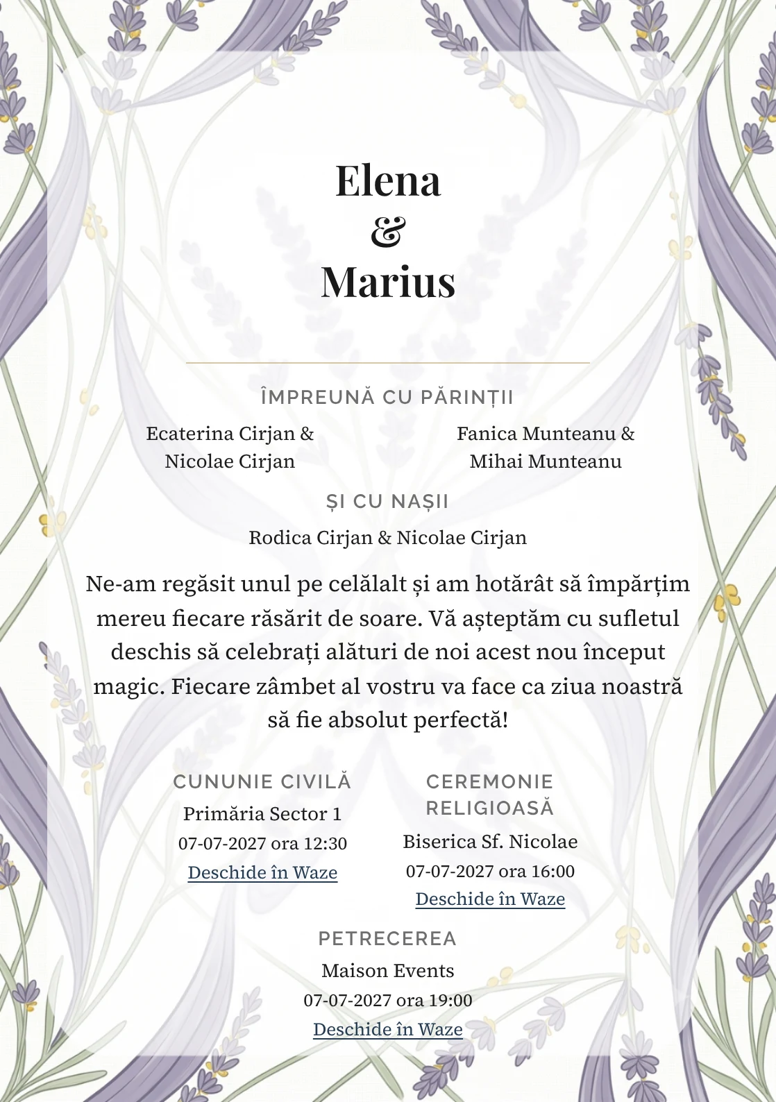 Designul Lavandă în Linii, în colecția de invitații nuntă, combină benzi grafice de lavandă cu o cromatică de mov lavandă cenușiu, verde tulpină pal și alb in.
