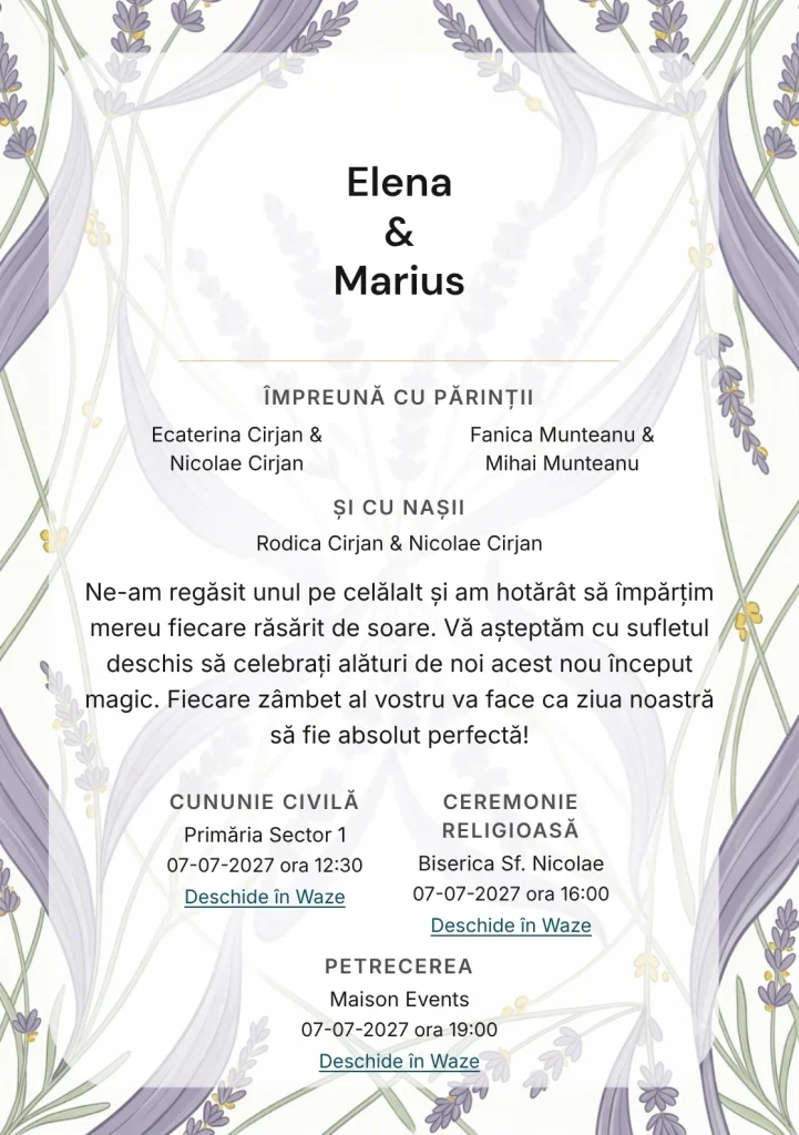 Designul Lavandă în Linii, în colecția de invitații nuntă, combină benzi grafice de lavandă cu o cromatică de mov lavandă cenușiu, verde tulpină pal și alb in.
