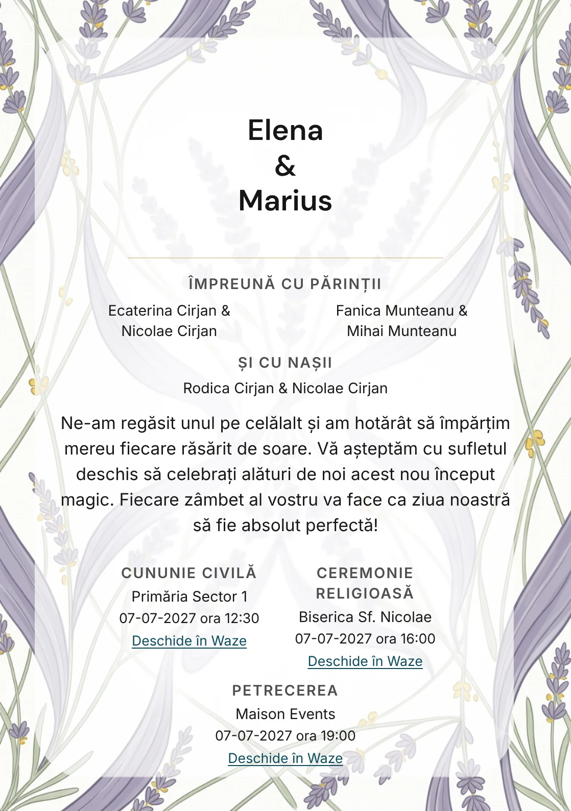 Designul Lavandă în Linii, în colecția de invitații nuntă, combină benzi grafice de lavandă cu o cromatică de mov lavandă cenușiu, verde tulpină pal și alb in.