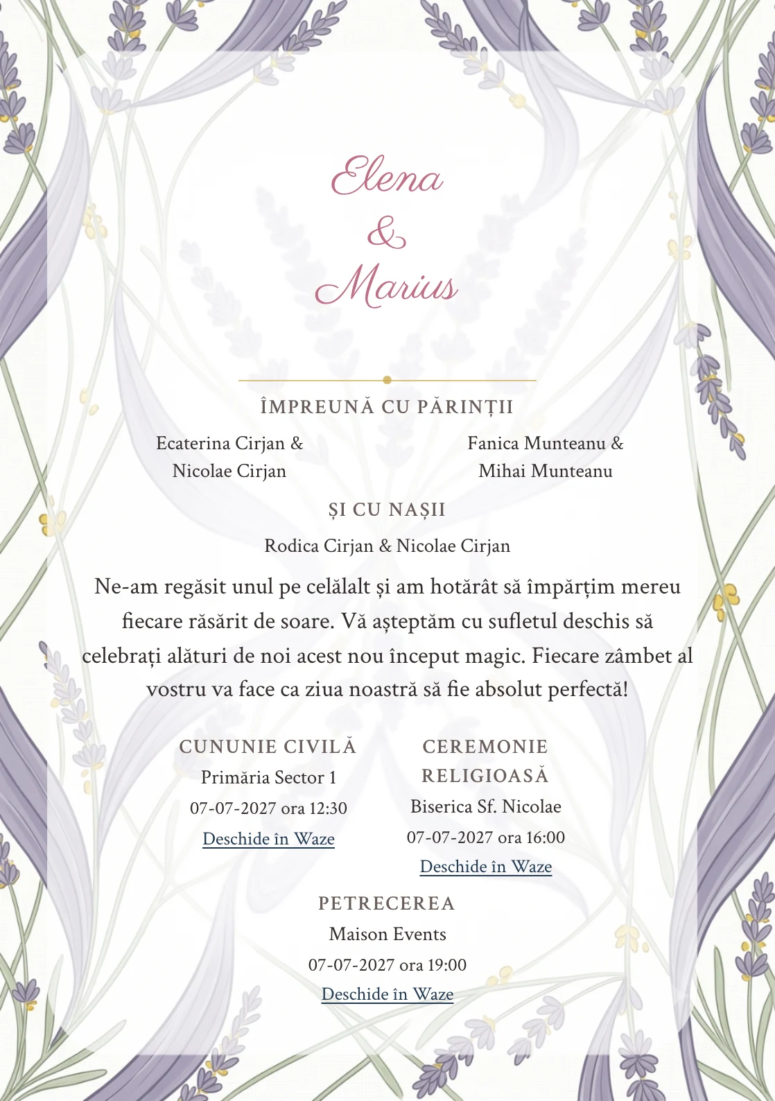 Designul Lavandă în Linii, în colecția de invitații nuntă, combină benzi grafice de lavandă cu o cromatică de mov lavandă cenușiu, verde tulpină pal și alb in.