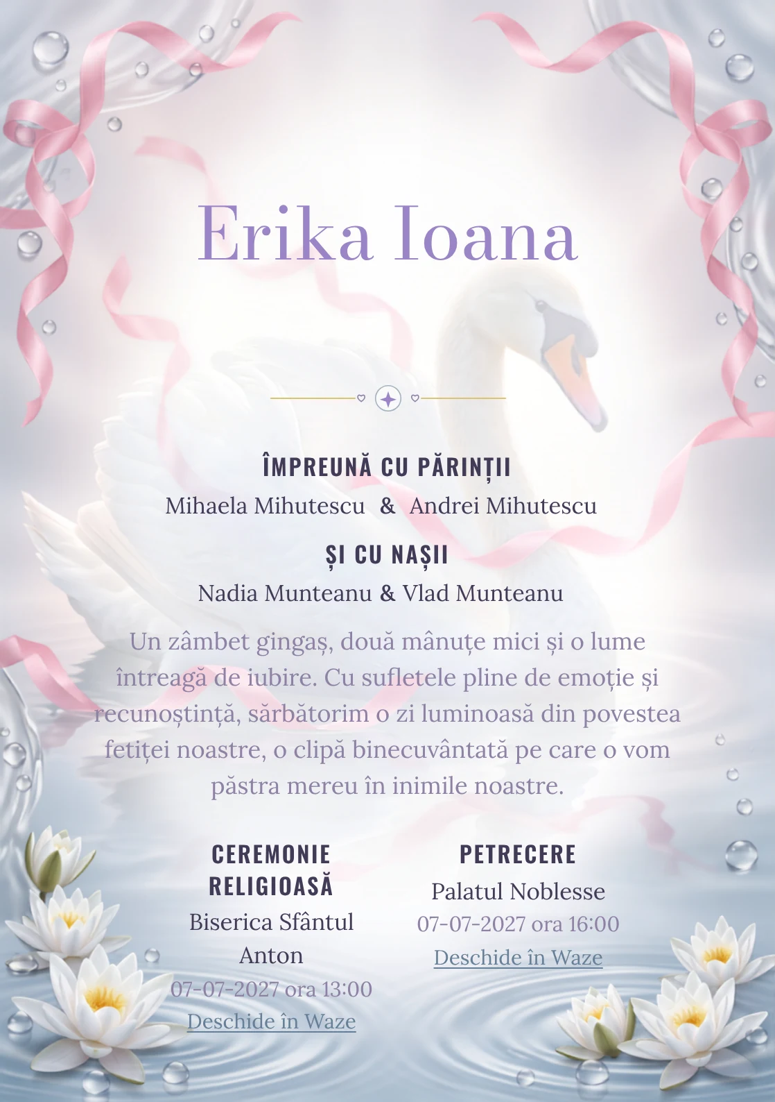 Lebăda cu Panglici, pentru o invitație de botez, prezintă o lebădă albă cu panglici plutitoare, alături de nuferi discreți, valuri și perle de apă.