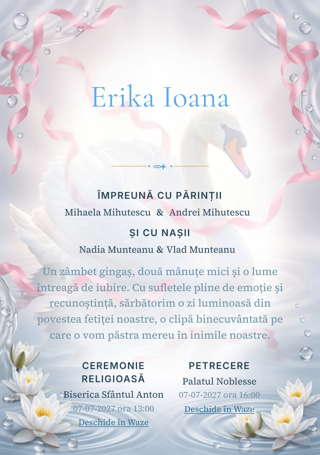 Lebăda cu Panglici, pentru o invitație de botez, prezintă o lebădă albă cu panglici plutitoare, alături de nuferi discreți, valuri și perle de apă.