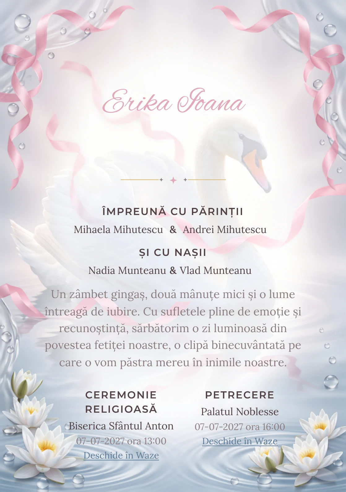 Lebăda cu Panglici, pentru o invitație de botez, prezintă o lebădă albă cu panglici plutitoare, alături de nuferi discreți, valuri și perle de apă.