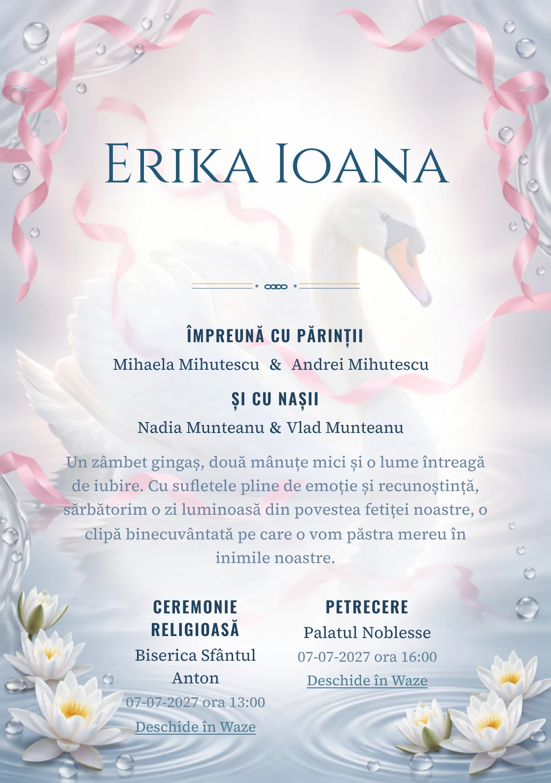 Lebăda cu Panglici, pentru o invitație de botez, prezintă o lebădă albă cu panglici plutitoare, alături de nuferi discreți, valuri și perle de apă.