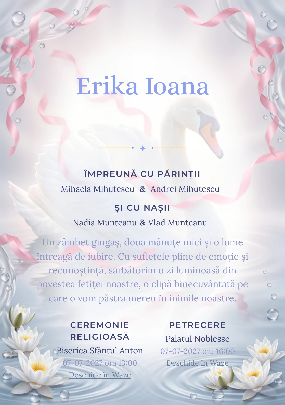 Lebăda cu Panglici, pentru o invitație de botez, prezintă o lebădă albă cu panglici plutitoare, alături de nuferi discreți, valuri și perle de apă.