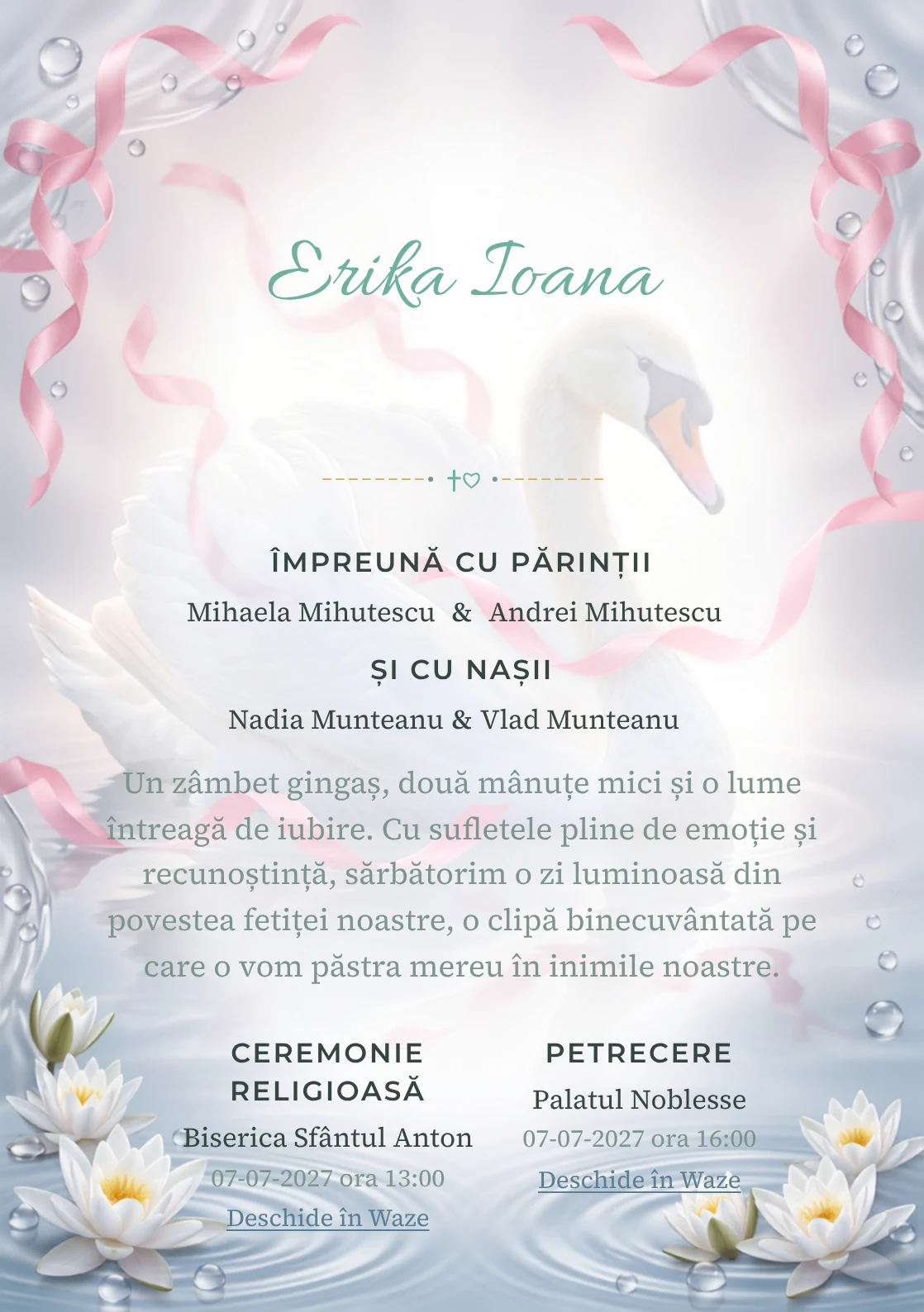 Lebăda cu Panglici, pentru o invitație de botez, prezintă o lebădă albă cu panglici plutitoare, alături de nuferi discreți, valuri și perle de apă.