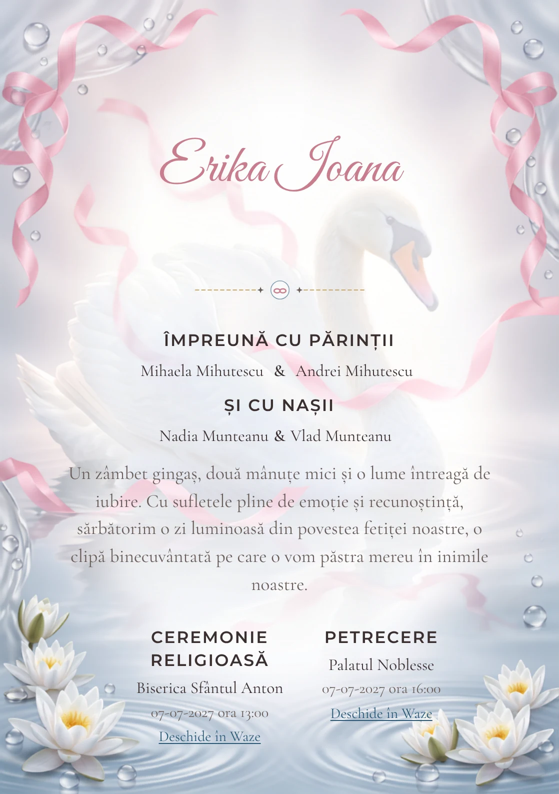 Lebăda cu Panglici, pentru o invitație de botez, prezintă o lebădă albă cu panglici plutitoare, alături de nuferi discreți, valuri și perle de apă.