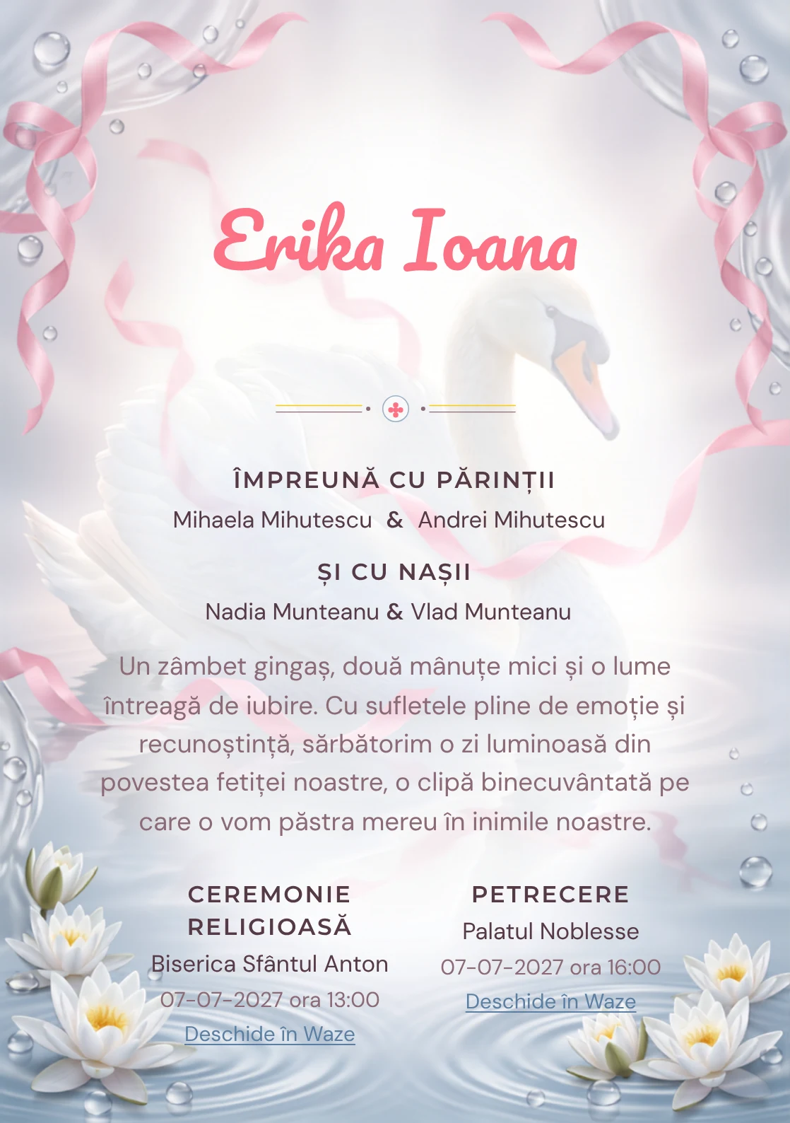 Lebăda cu Panglici, pentru o invitație de botez, prezintă o lebădă albă cu panglici plutitoare, alături de nuferi discreți, valuri și perle de apă.