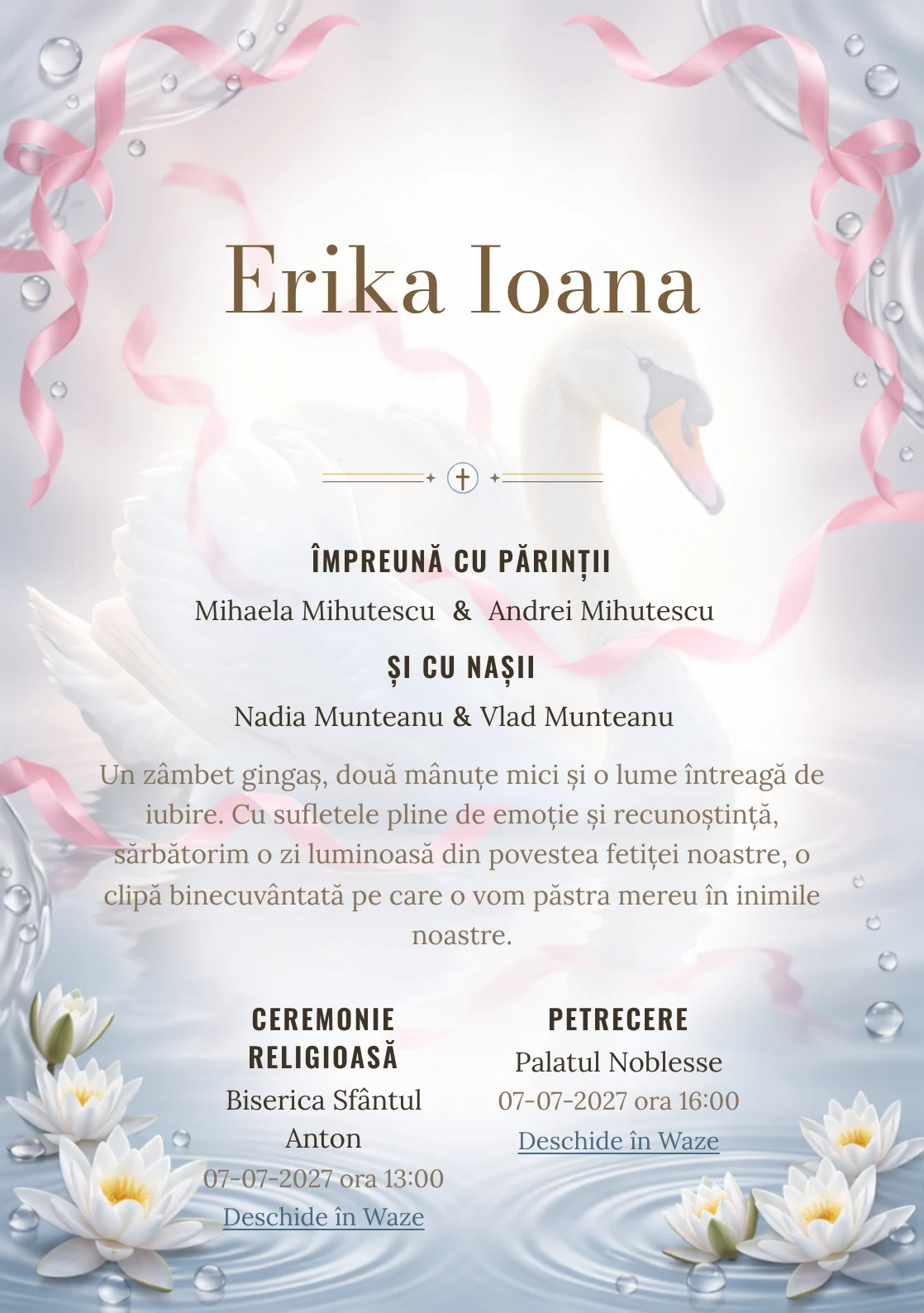Lebăda cu Panglici, pentru o invitație de botez, prezintă o lebădă albă cu panglici plutitoare, alături de nuferi discreți, valuri și perle de apă.