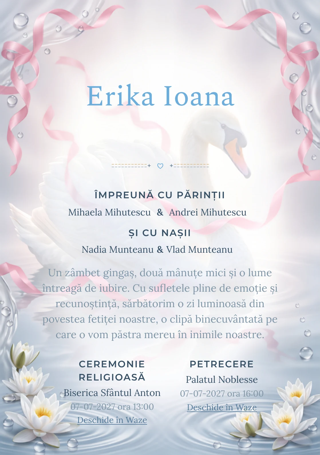 Lebăda cu Panglici, pentru o invitație de botez, prezintă o lebădă albă cu panglici plutitoare, alături de nuferi discreți, valuri și perle de apă.