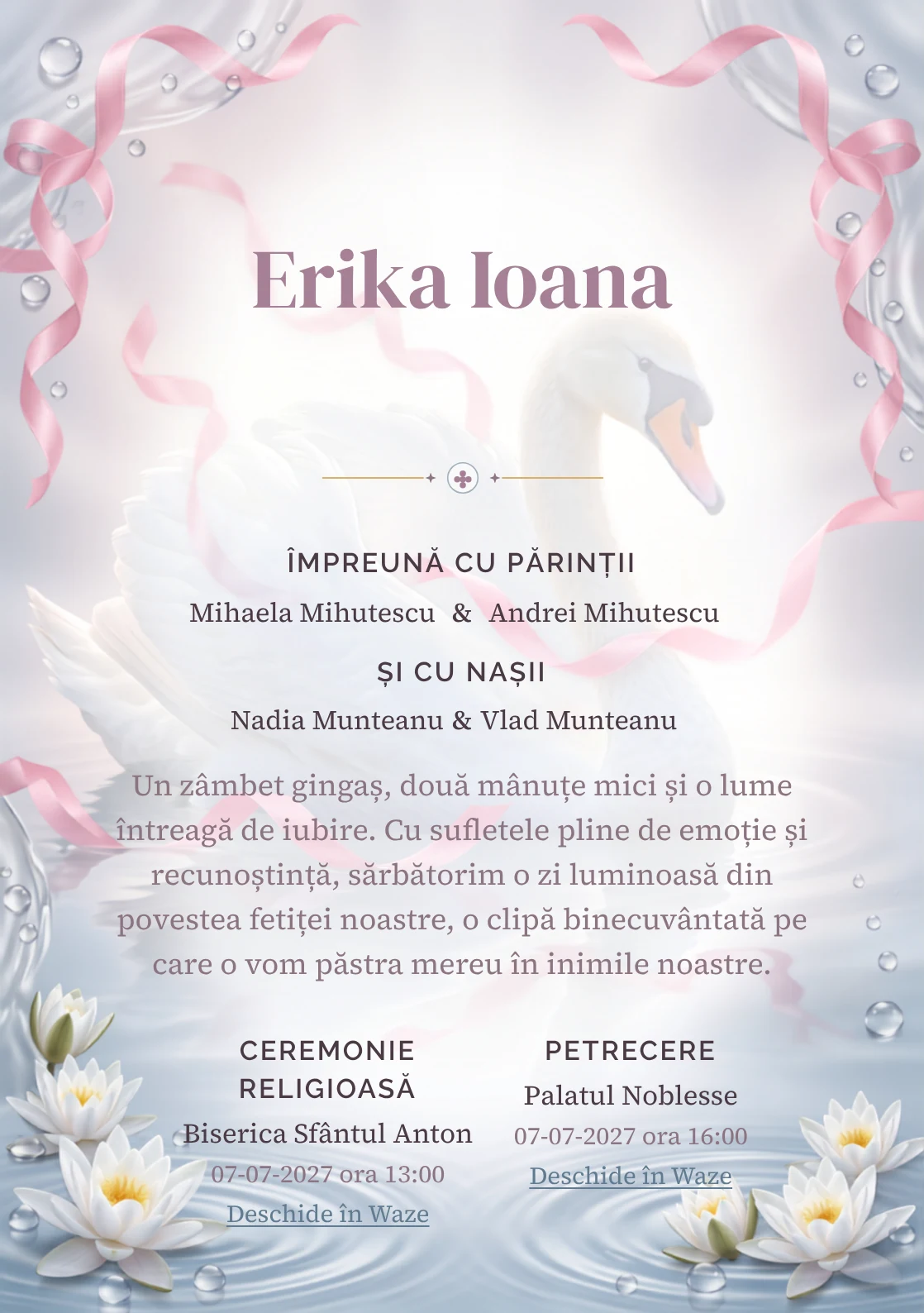 Lebăda cu Panglici, pentru o invitație de botez, prezintă o lebădă albă cu panglici plutitoare, alături de nuferi discreți, valuri și perle de apă.