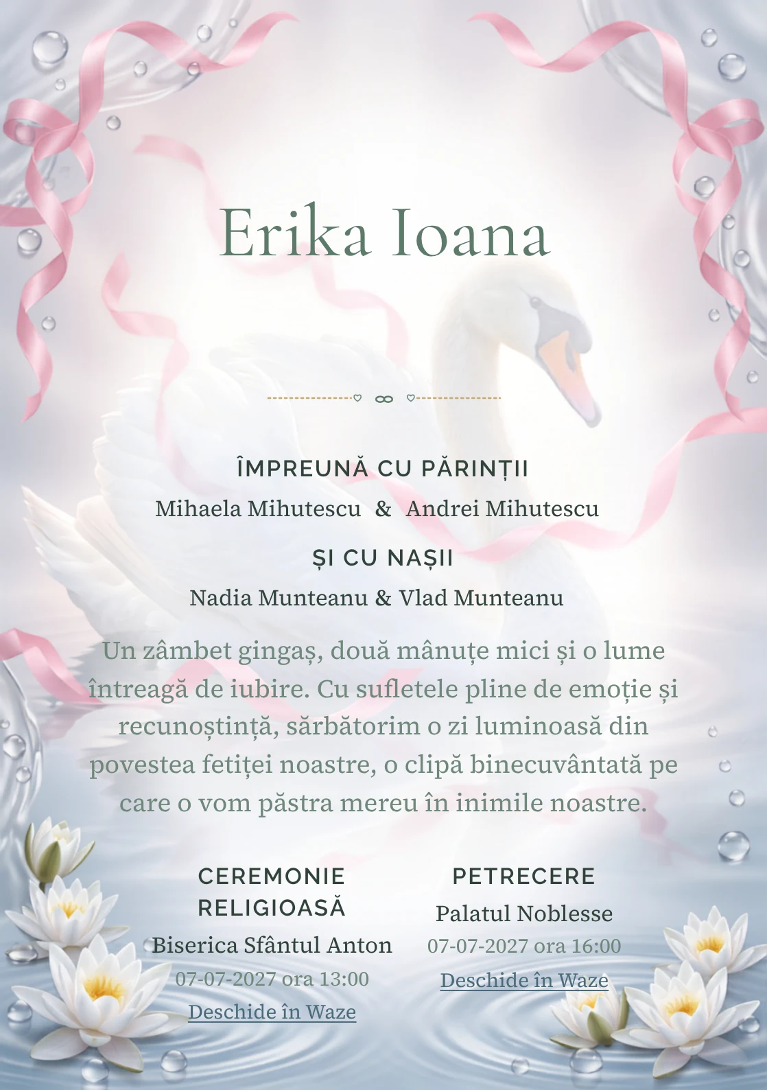 Lebăda cu Panglici, pentru o invitație de botez, prezintă o lebădă albă cu panglici plutitoare, alături de nuferi discreți, valuri și perle de apă.