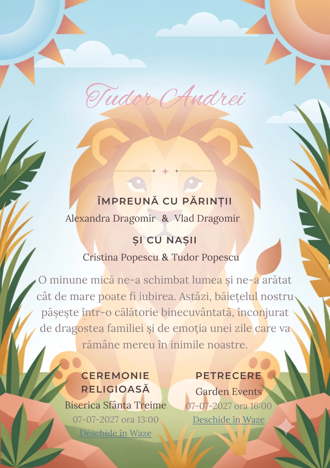 Leul Geometric propune, pentru o invitație de botez, un pui de leu așezat între forme și ierburi stilizate, soare modular și roci moi.