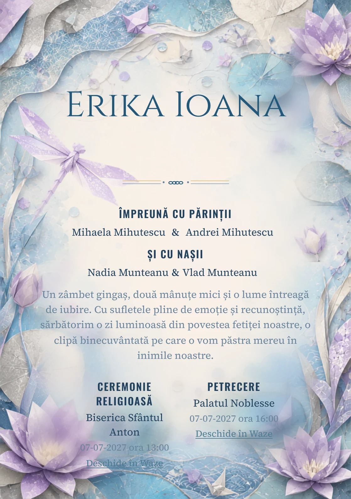 Libelulă Origami, din gama de invitații botez fetiță, combină o libelulă mare din hârtie cu nuferi grafici, într-o imagine coerentă de botez.
