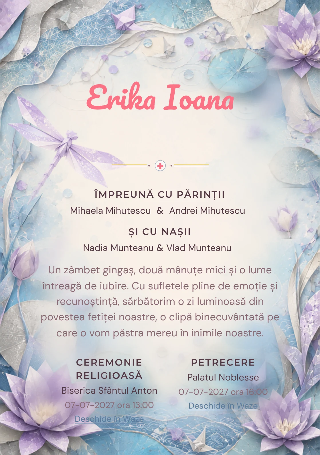 Libelulă Origami, din gama de invitații botez fetiță, combină o libelulă mare din hârtie cu nuferi grafici, într-o imagine coerentă de botez.