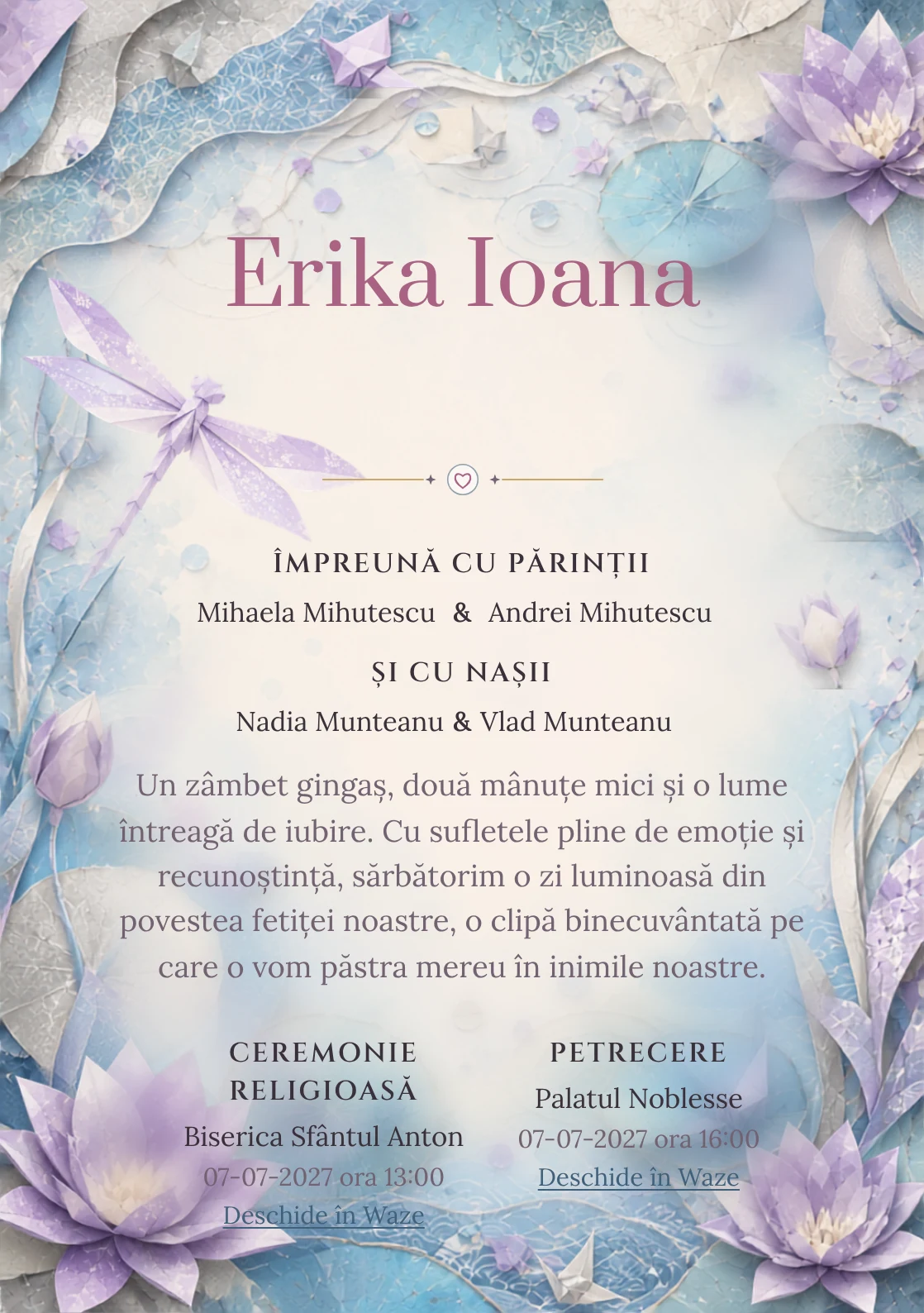 Libelulă Origami, din gama de invitații botez fetiță, combină o libelulă mare din hârtie cu nuferi grafici, într-o imagine coerentă de botez.