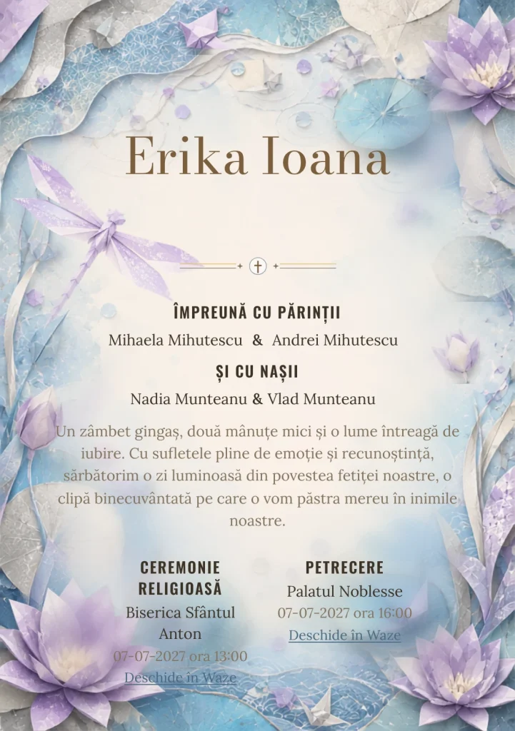 Libelulă Origami, din gama de invitații botez fetiță, combină o libelulă mare din hârtie cu nuferi grafici, într-o imagine coerentă de botez.