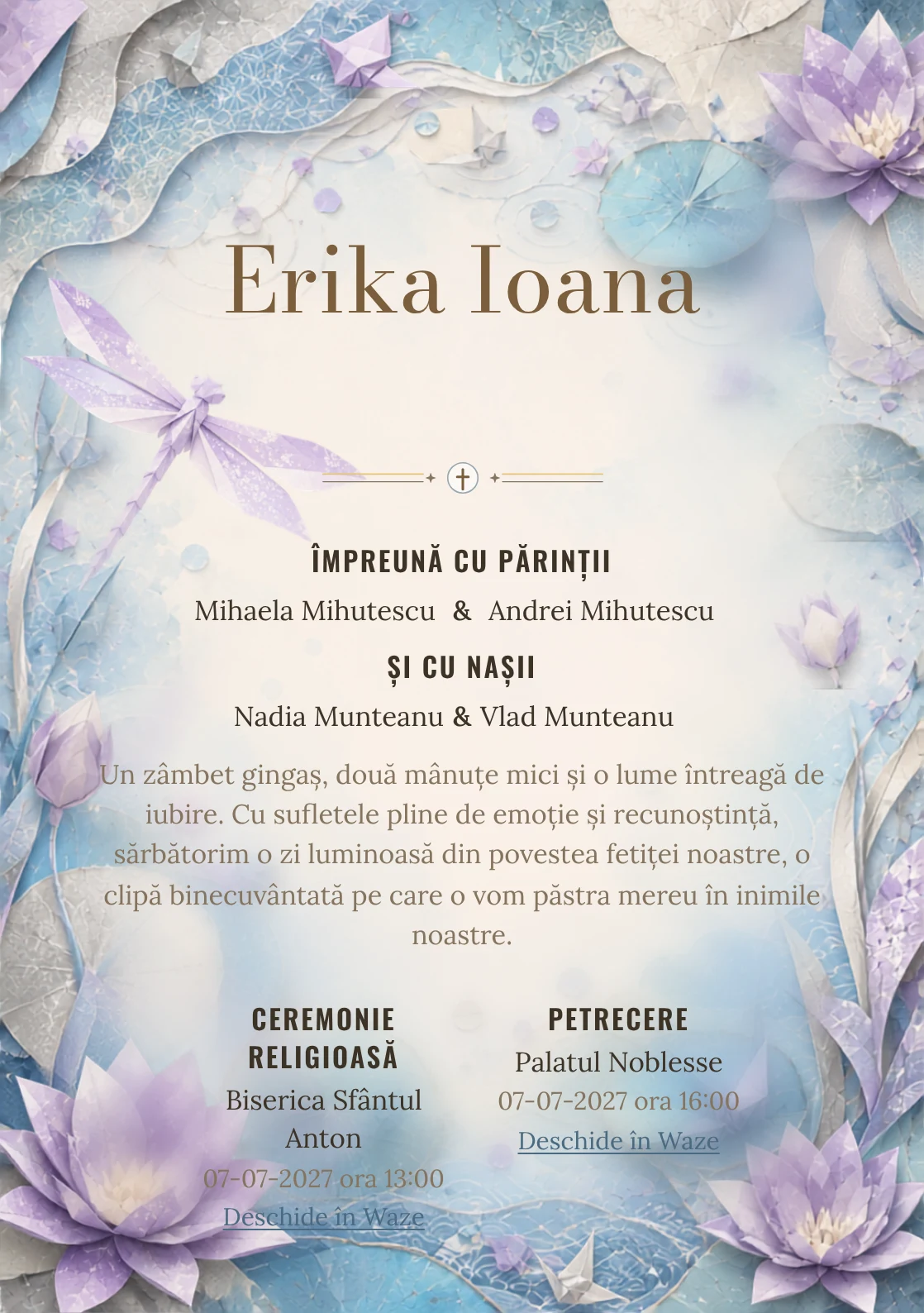 Libelulă Origami, din gama de invitații botez fetiță, combină o libelulă mare din hârtie cu nuferi grafici, într-o imagine coerentă de botez.
