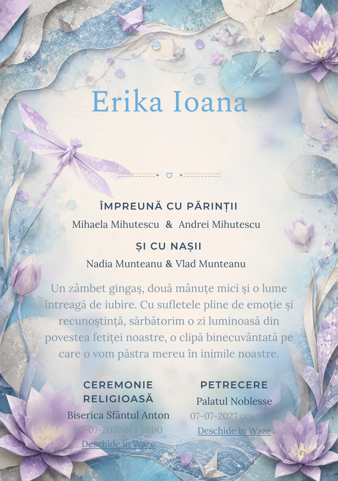 Libelulă Origami, din gama de invitații botez fetiță, combină o libelulă mare din hârtie cu nuferi grafici, într-o imagine coerentă de botez.