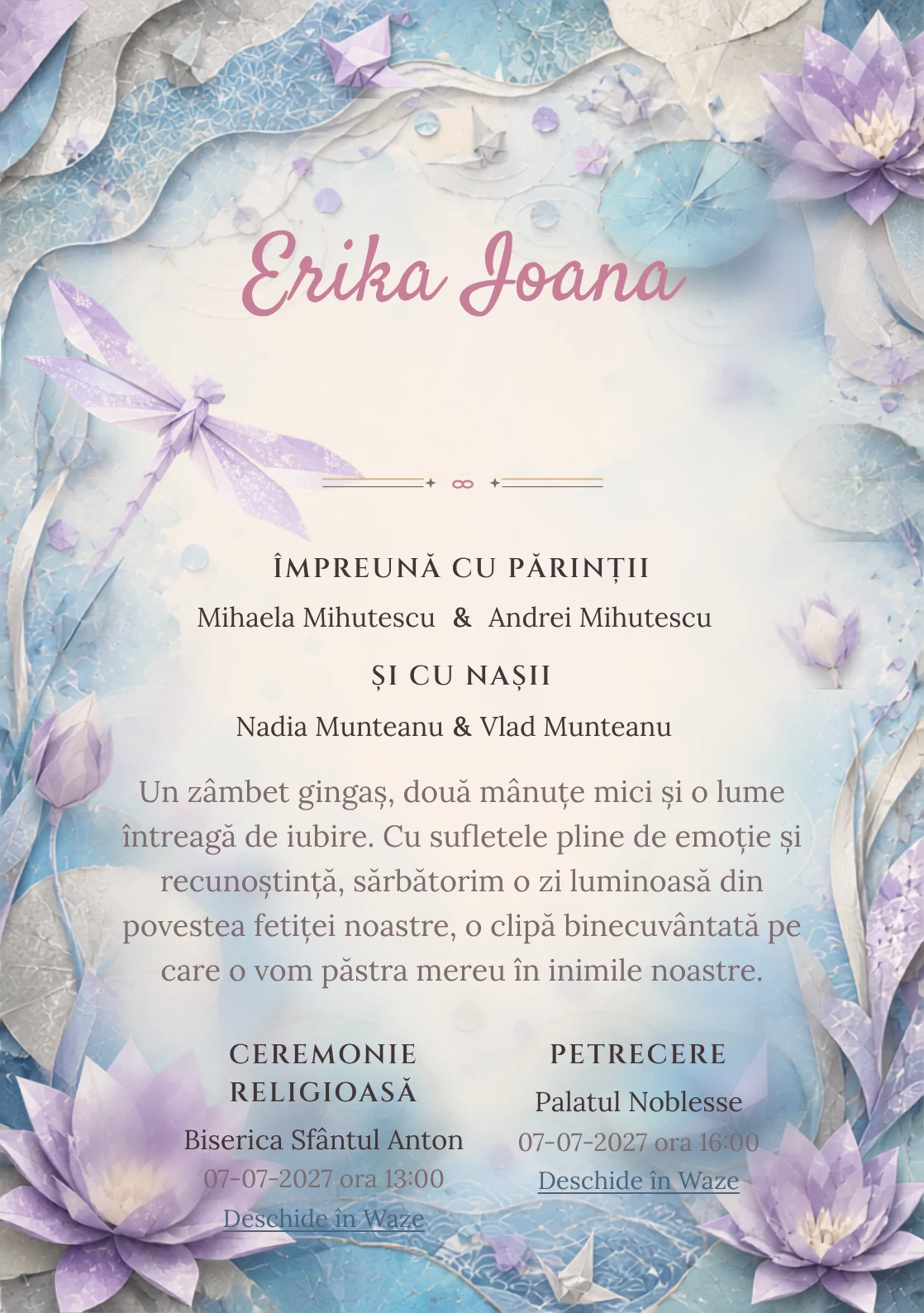 Libelulă Origami, din gama de invitații botez fetiță, combină o libelulă mare din hârtie cu nuferi grafici, într-o imagine coerentă de botez.