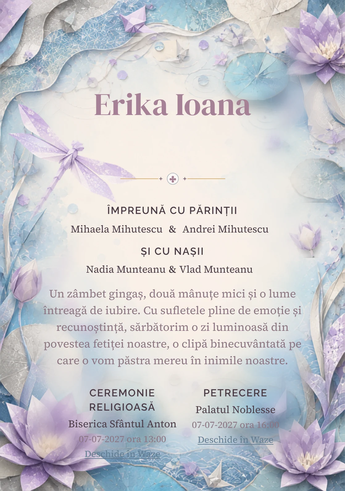 Libelulă Origami, din gama de invitații botez fetiță, combină o libelulă mare din hârtie cu nuferi grafici, într-o imagine coerentă de botez.