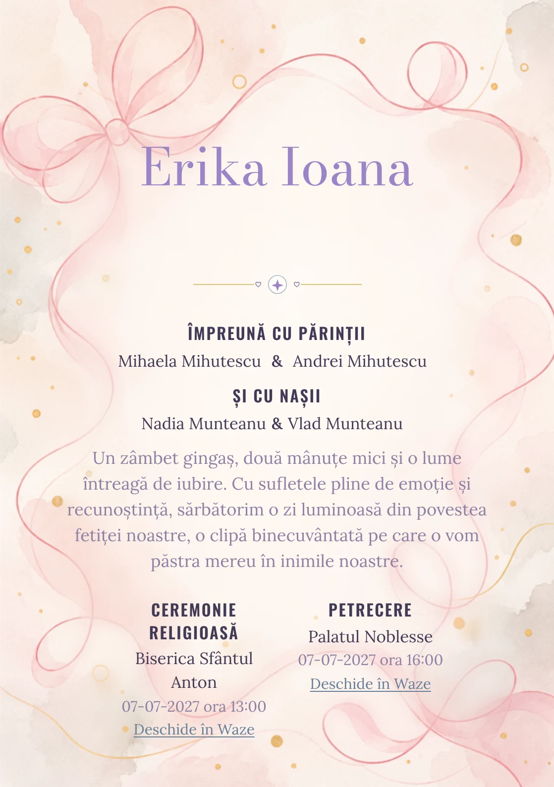 Linia de Panglică propune, din gama de invitații botez fetiță, o panglică desenată printr-o singură linie amplă și puncte aurii și umbre foarte moi.