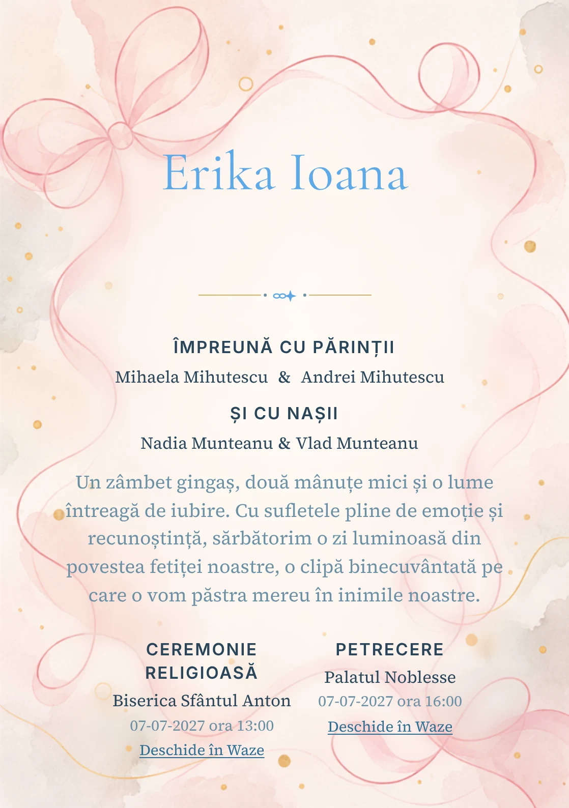 Linia de Panglică propune, din gama de invitații botez fetiță, o panglică desenată printr-o singură linie amplă și puncte aurii și umbre foarte moi.