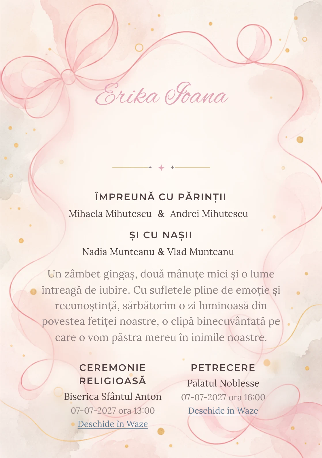 Linia de Panglică propune, din gama de invitații botez fetiță, o panglică desenată printr-o singură linie amplă și puncte aurii și umbre foarte moi.