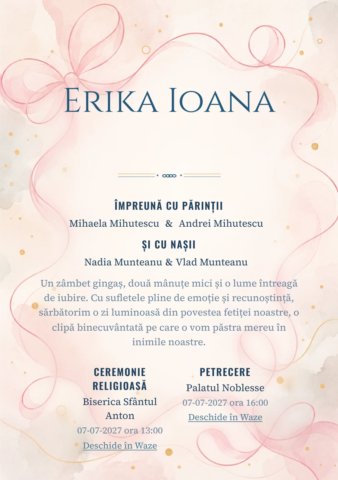 Linia de Panglică propune, din gama de invitații botez fetiță, o panglică desenată printr-o singură linie amplă și puncte aurii și umbre foarte moi.