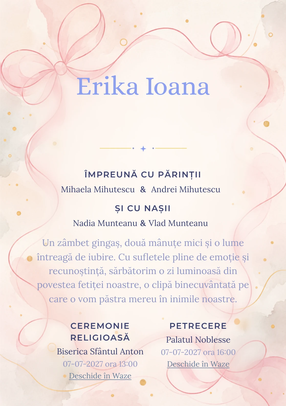 Linia de Panglică propune, din gama de invitații botez fetiță, o panglică desenată printr-o singură linie amplă și puncte aurii și umbre foarte moi.