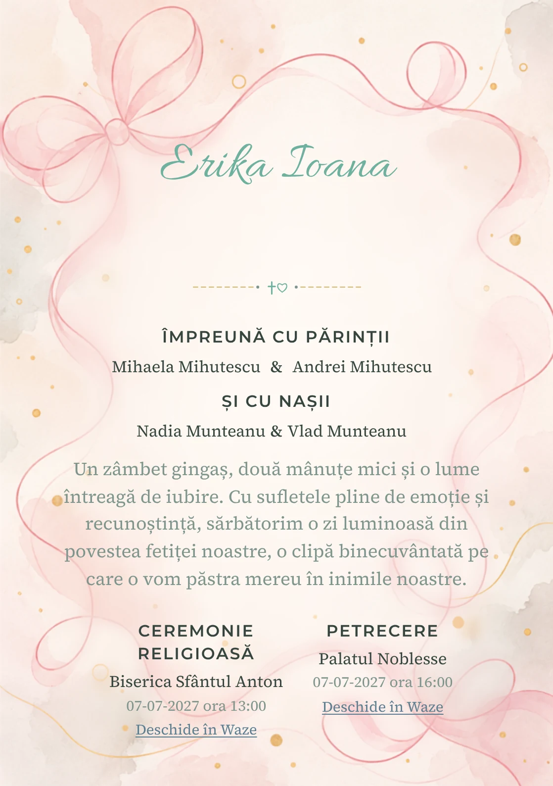 Linia de Panglică propune, din gama de invitații botez fetiță, o panglică desenată printr-o singură linie amplă și puncte aurii și umbre foarte moi.