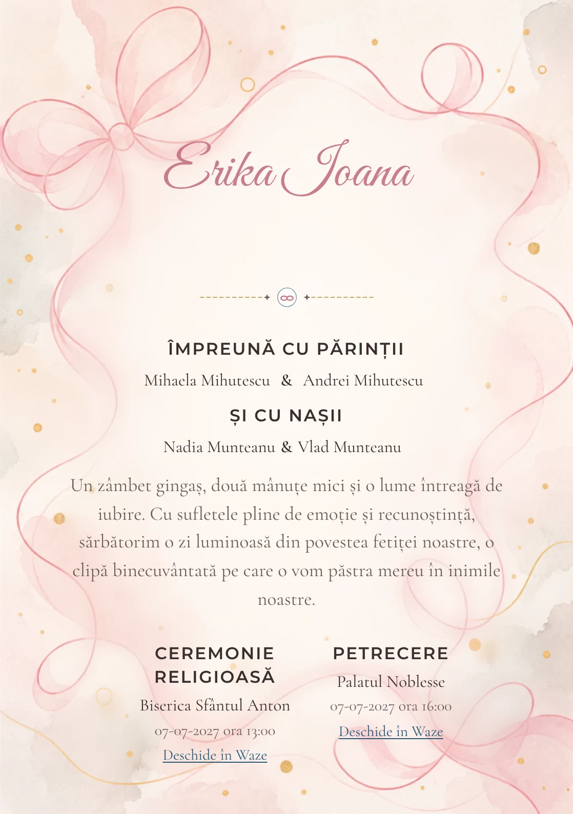 Linia de Panglică propune, din gama de invitații botez fetiță, o panglică desenată printr-o singură linie amplă și puncte aurii și umbre foarte moi.