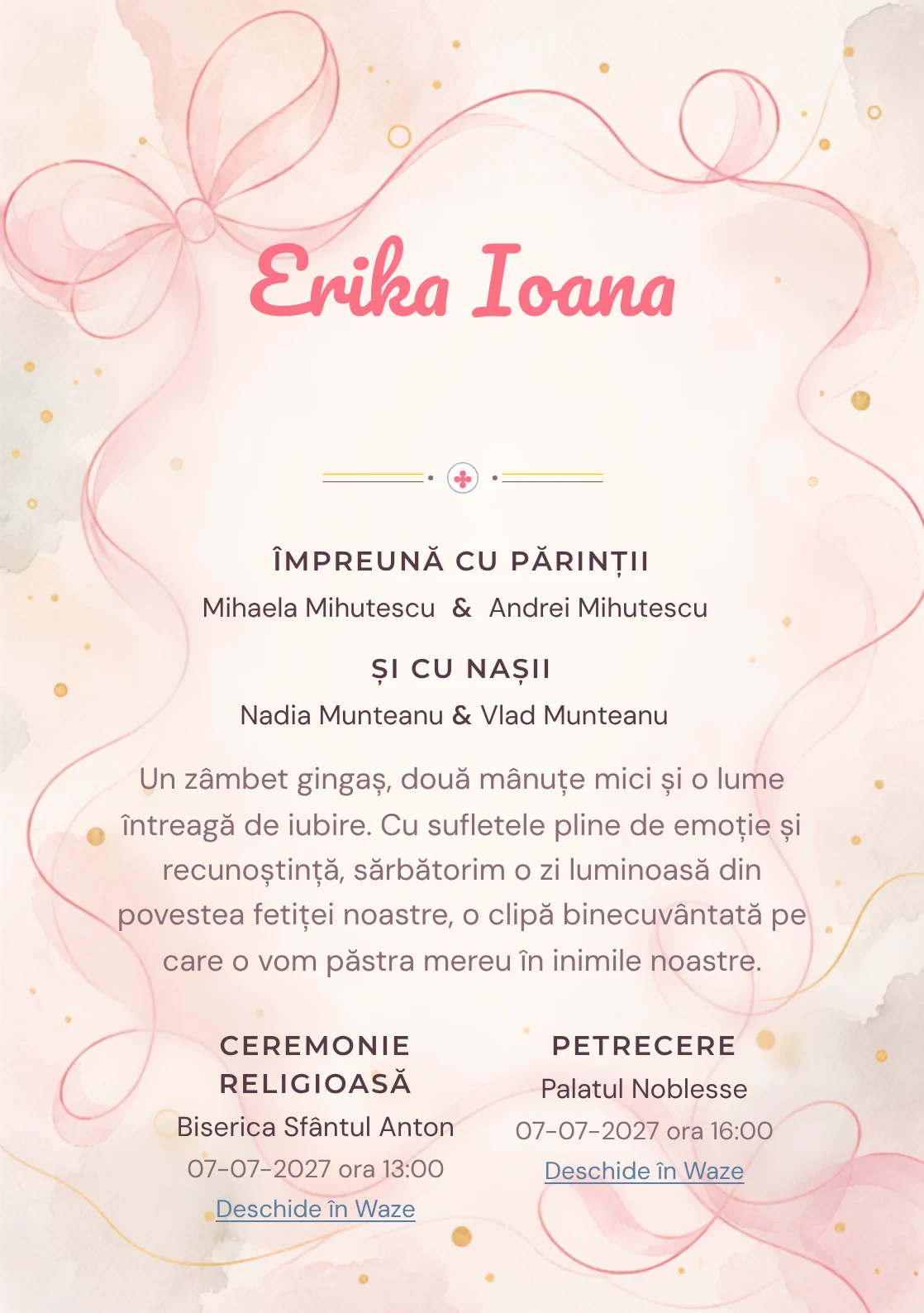 Linia de Panglică propune, din gama de invitații botez fetiță, o panglică desenată printr-o singură linie amplă și puncte aurii și umbre foarte moi.