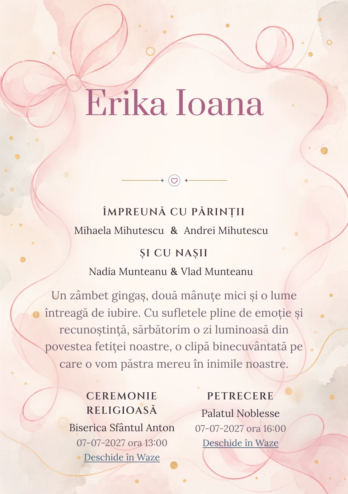 Linia de Panglică propune, din gama de invitații botez fetiță, o panglică desenată printr-o singură linie amplă și puncte aurii și umbre foarte moi.