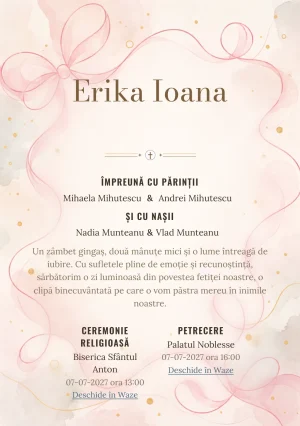 Linia de Panglică propune, din gama de invitații botez fetiță, o panglică desenată printr-o singură linie amplă și puncte aurii și umbre foarte moi.