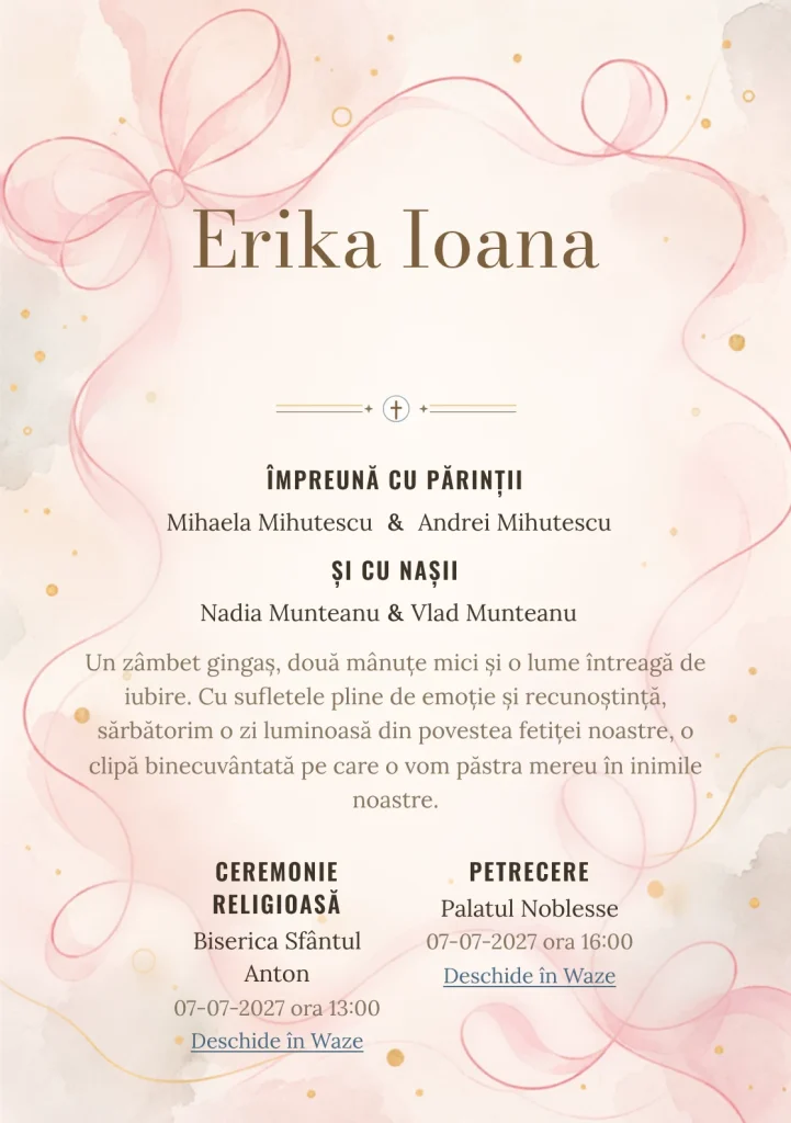Linia de Panglică propune, din gama de invitații botez fetiță, o panglică desenată printr-o singură linie amplă și puncte aurii și umbre foarte moi.