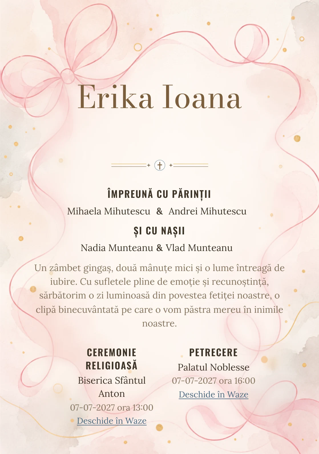 Linia de Panglică propune, din gama de invitații botez fetiță, o panglică desenată printr-o singură linie amplă și puncte aurii și umbre foarte moi.