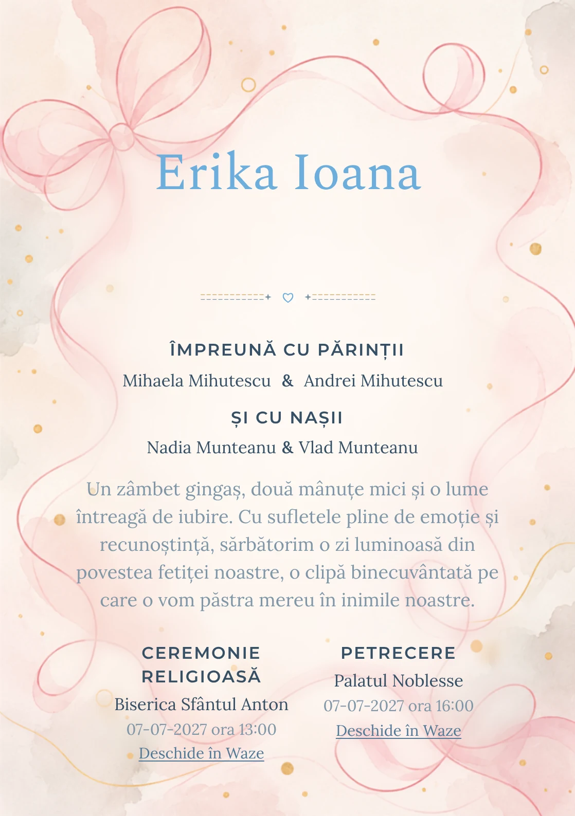 Linia de Panglică propune, din gama de invitații botez fetiță, o panglică desenată printr-o singură linie amplă și puncte aurii și umbre foarte moi.