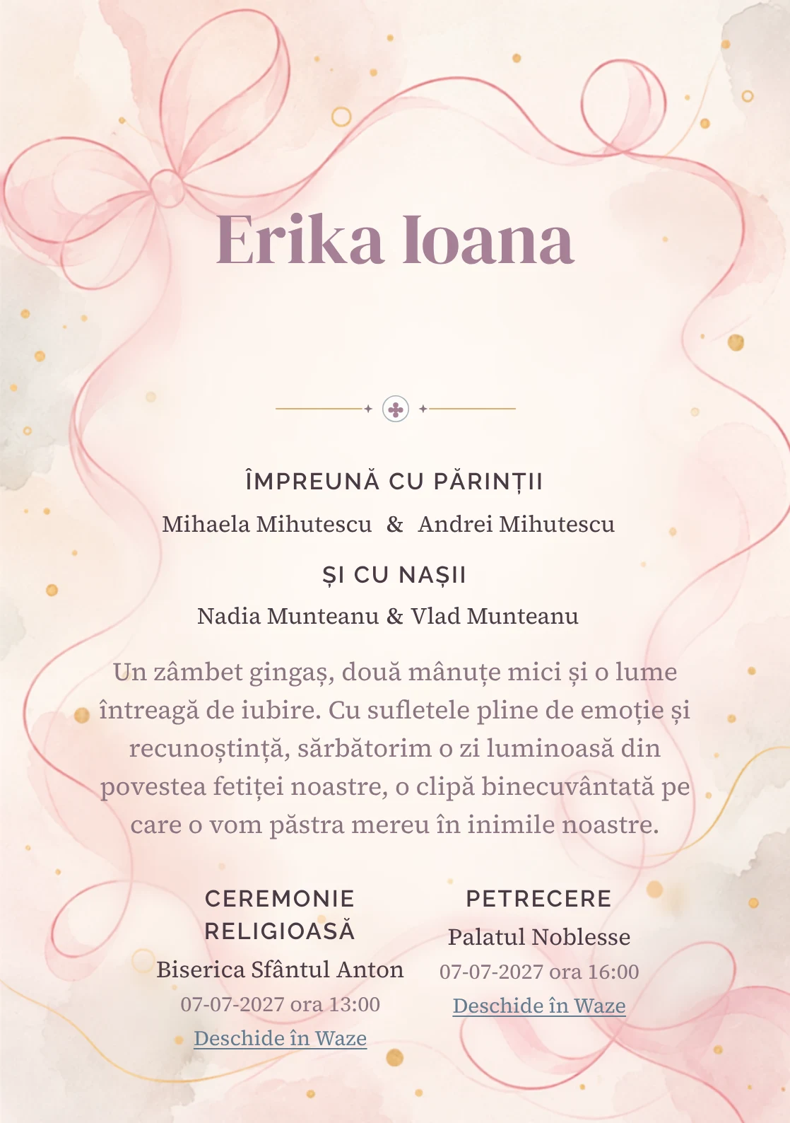 Linia de Panglică propune, din gama de invitații botez fetiță, o panglică desenată printr-o singură linie amplă și puncte aurii și umbre foarte moi.