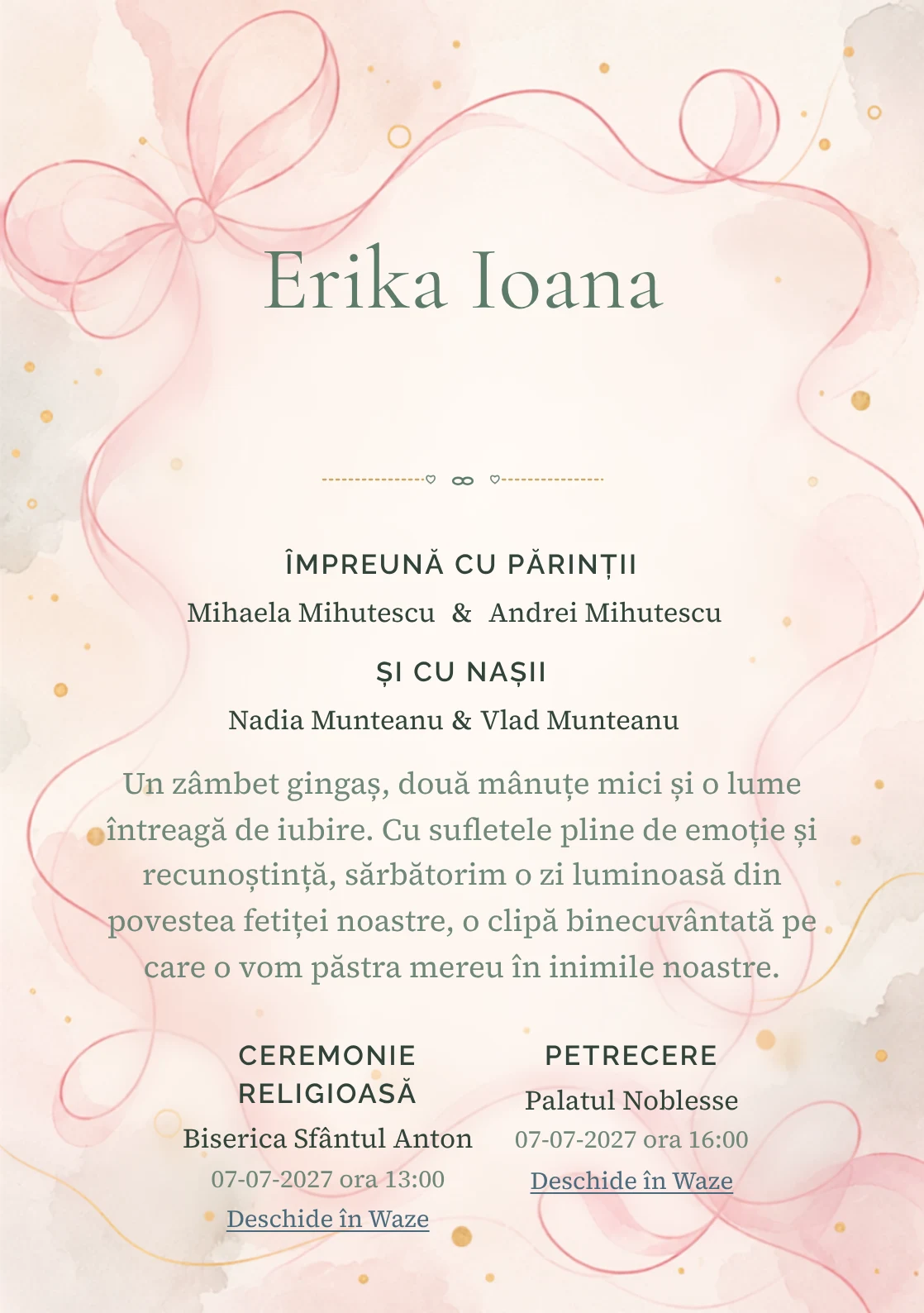 Linia de Panglică propune, din gama de invitații botez fetiță, o panglică desenată printr-o singură linie amplă și puncte aurii și umbre foarte moi.