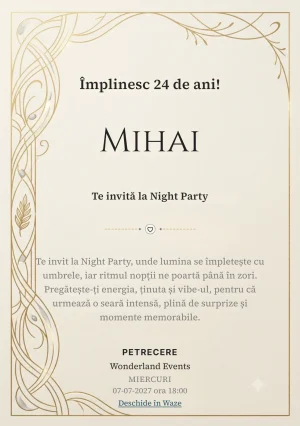 Modelul Linii de Fildeș, invitație digitală pentru ziua de naștere a adulților, pune în valoare un ansamblu de arcuri subțiri.