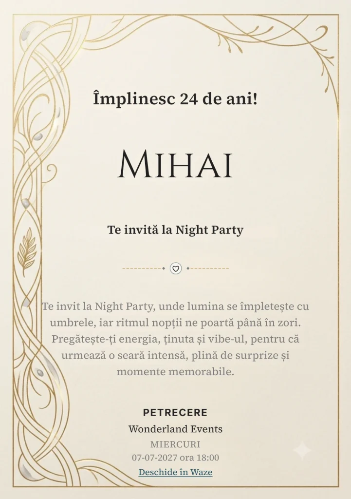 Modelul Linii de Fildeș, invitație digitală pentru ziua de naștere a adulților, pune în valoare un ansamblu de arcuri subțiri.
