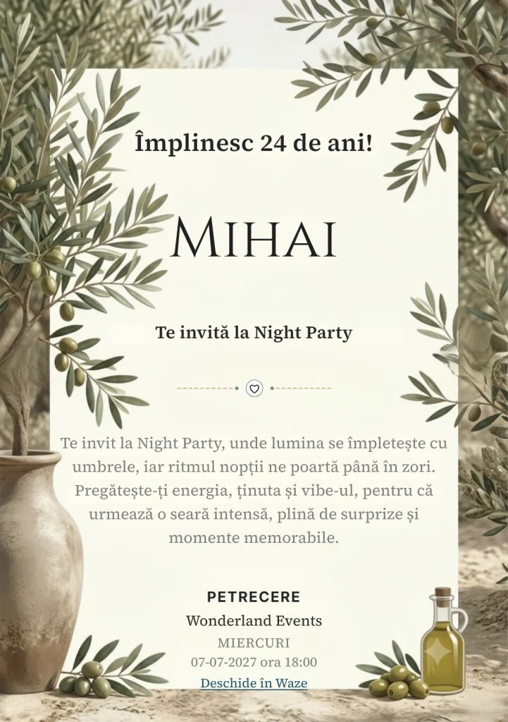 Modelul Livada de Măslini, invitație digitală pentru ziua de naștere a adulților, pune în valoare ramuri de măslin și un vas ceramic.