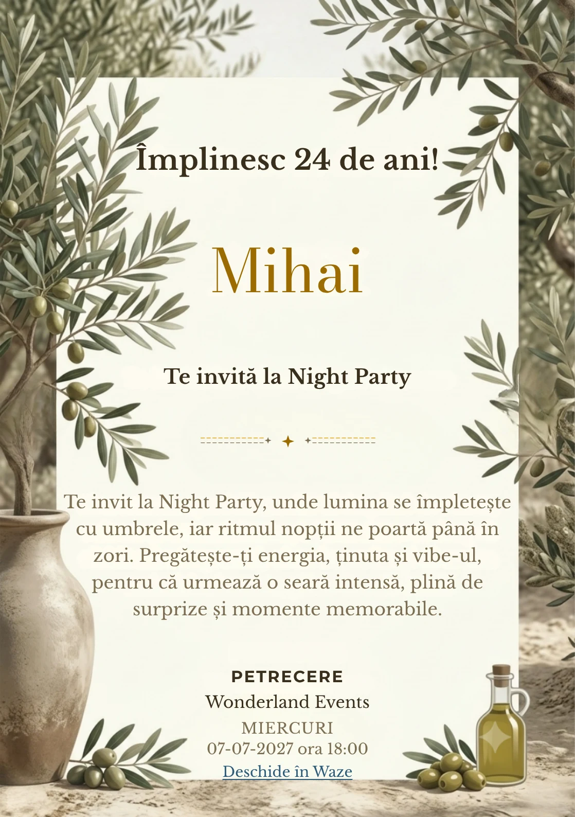 Modelul Livada de Măslini, invitație digitală pentru ziua de naștere a adulților, pune în valoare ramuri de măslin și un vas ceramic.